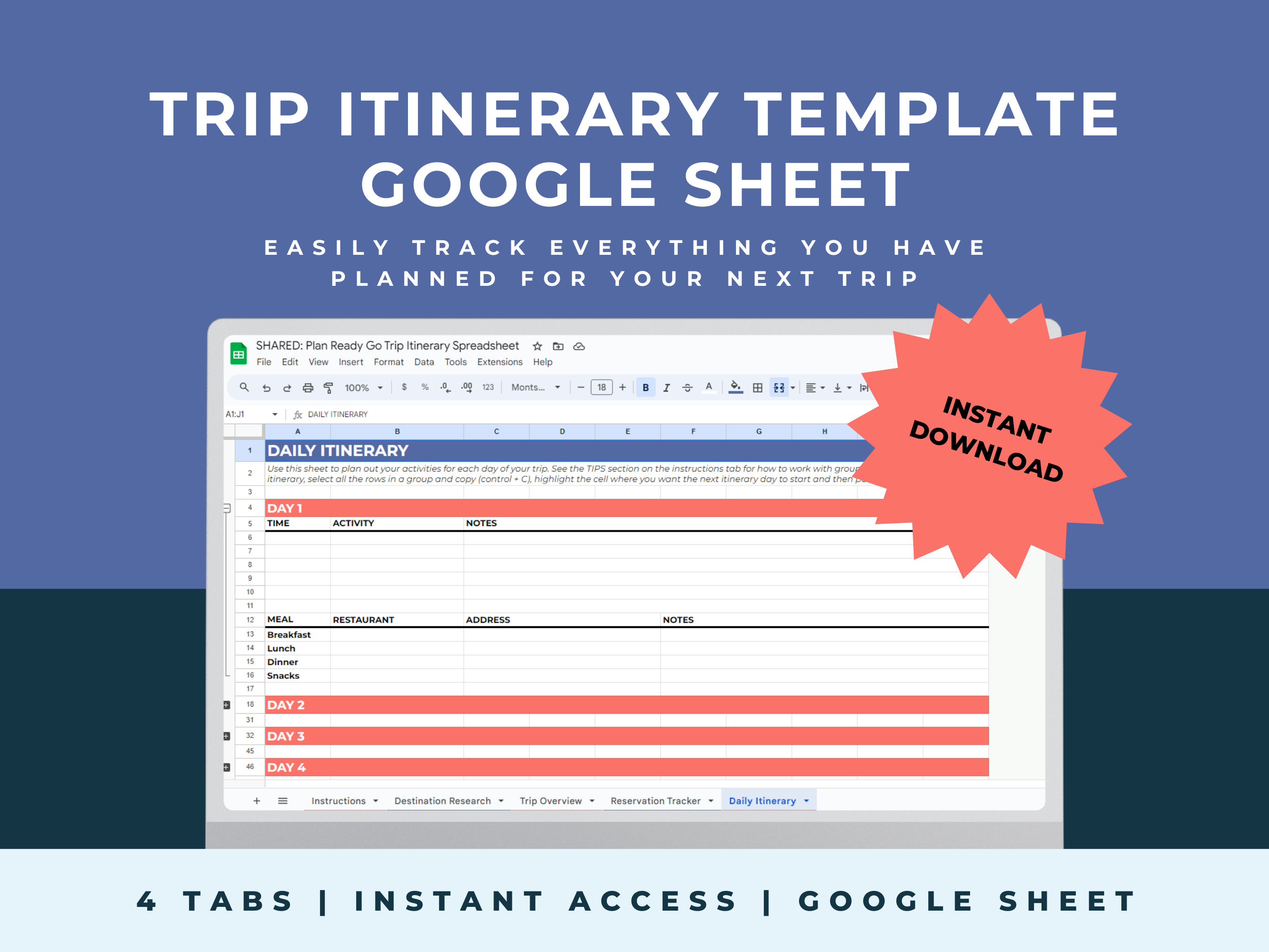 Travel Itinerary Template Google Sheet Digital Trip Planner Editable