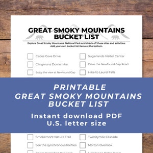 May include: Printable Great Smoky Mountains Bucket List checklist with a bear illustration. The list includes activities like Cades Cove Drive, Clingmans Dome hike, Sugarlands Visitor Center, Drive the Newfound Gap Road, Hike to Laurel Falls, Smokemont Nature Trail, Twentymile Cascade, See the synchronous fireflies, and Morton Overlook.