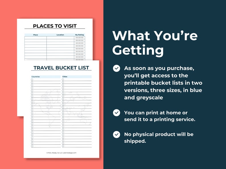 Split image showing the bucket list printables on the left. On the right, it says what you are getting. Then there are three bullet points covering some key points from the product description.