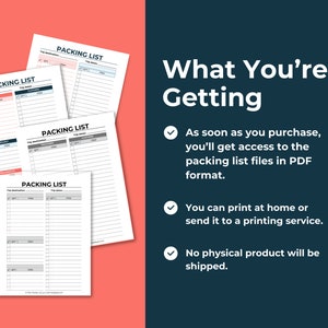 Split image showing the blank packing lists on the left. On the right, it says what you are getting. Then there are three bullet points covering some key points from the product description.