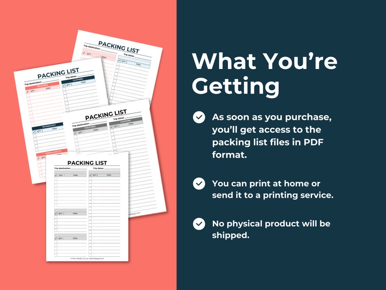 Split image showing the blank packing lists on the left. On the right, it says what you are getting. Then there are three bullet points covering some key points from the product description.