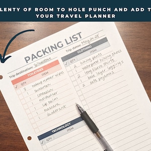 Photo of the printed color packing list with a pen on top. An arrow points to the printed packing list. Plenty of room to hole punch and add to your travel planner.