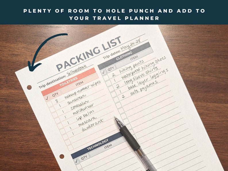 Photo of the printed color packing list with a pen on top. An arrow points to the printed packing list. Plenty of room to hole punch and add to your travel planner.