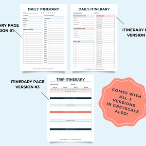 Mockup of the travel itinerary pages on a light blue background. Comes with all three versions in greyscale also.