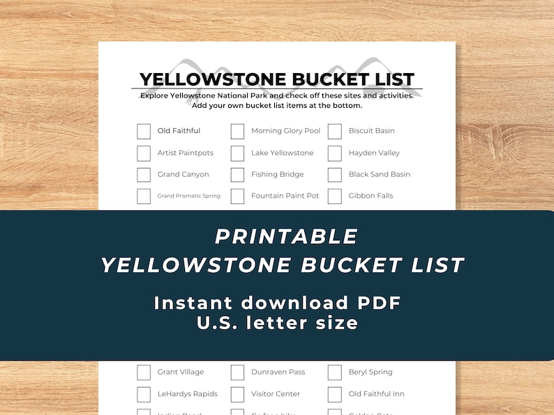 Image displaying a thumbnail of a page that says Yellowstone Bucket List at the top. Text overlay says printable Yellowstone bucket list, instant download PDF, US letter size.