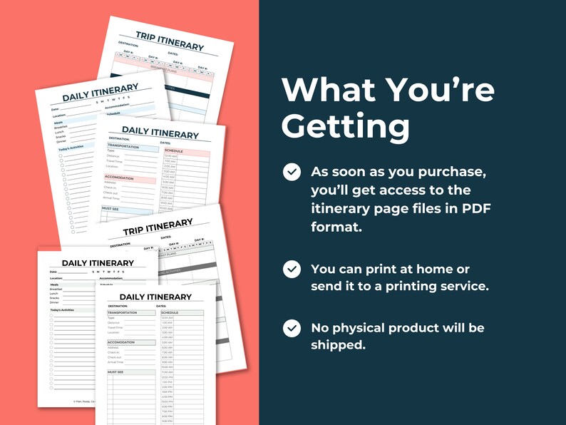 Split image showing the itinerary pages on the left. On the right, it says what you're getting. Then there are three bullet points covering some key points from the product description.