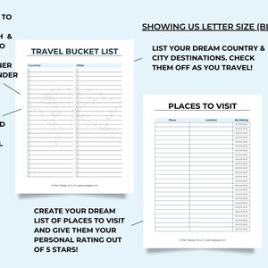 Mockup of bucket lists on light blue background showing US letter size in blue. Room to hole punch and add to your travel planner. World map detail is shown in the background of the Travel Bucket List. Create list of places to see and check them off.