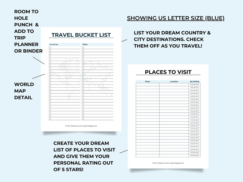 Mockup of bucket lists on light blue background showing US letter size in blue. Room to hole punch and add to your travel planner. World map detail is shown in the background of the Travel Bucket List. Create list of places to see and check them off.