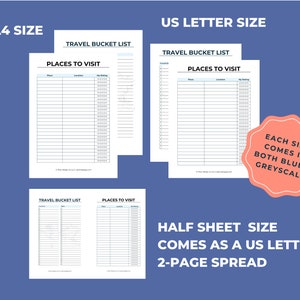 A mockup of the three sizes of bucket list printables on a blue background, US letter size, A4, half sheet size comes as a US letter two-page spread. Each size comes in both blue and greyscale.