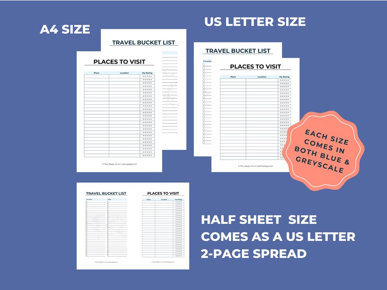 A mockup of the three sizes of bucket list printables on a blue background, US letter size, A4, half sheet size comes as a US letter two-page spread. Each size comes in both blue and greyscale.