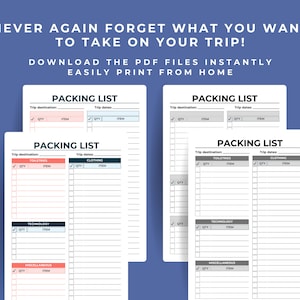 Mockup of all four blank printable packing lists on a blue background. Never again forget what you want to take on your trip. Download the PDF files instantly. Easily print from home.