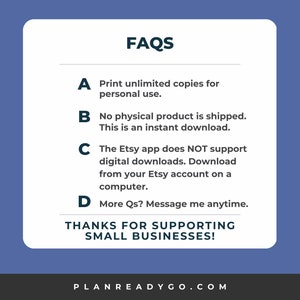 Image showing some FAQs covered in the product description and important reminders that the Etsy app does not support digital product downloads. You can download from your Etsy account under purchases from a computer rather than your phone.