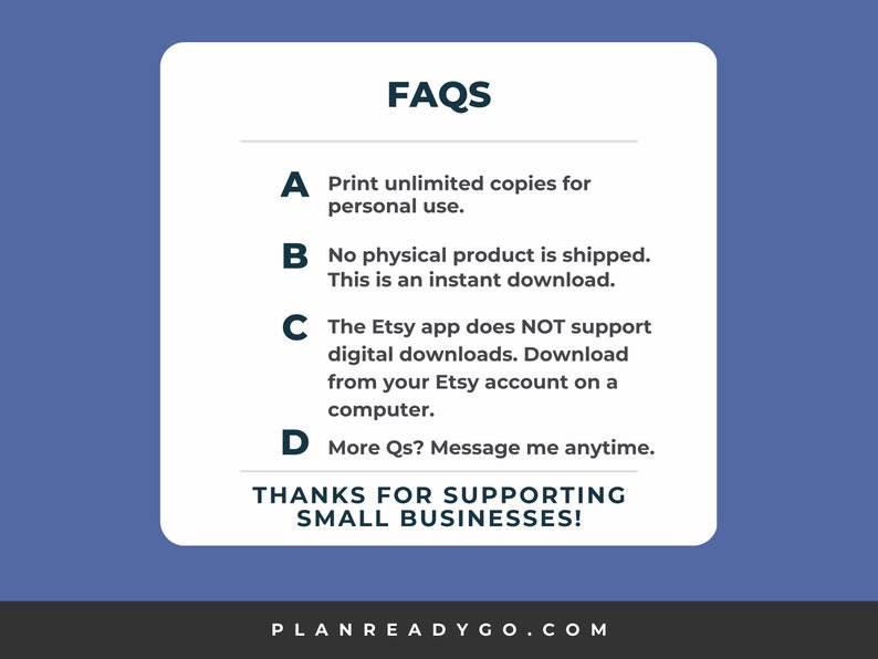 Image showing some FAQs covered in the product description and important reminders that the Etsy app does not support digital product downloads. You can download from your Etsy account under purchases from a computer rather than your phone.