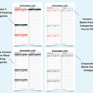 Mockup of the packing lists on a light blue background. Version 1, pre-filled packing categories in color and greyscale. Version 2, blank packing categories for you to fill in, color and greyscale.