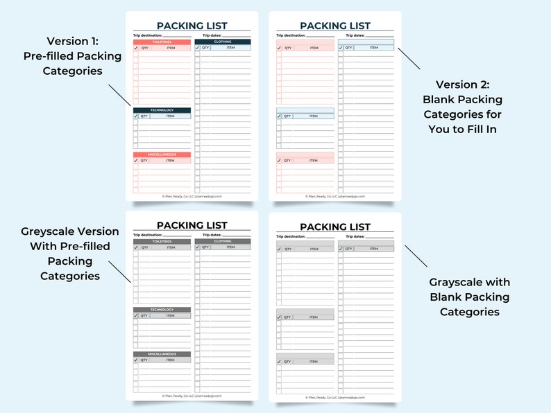 Mockup of the packing lists on a light blue background. Version 1, pre-filled packing categories in color and greyscale. Version 2, blank packing categories for you to fill in, color and greyscale.