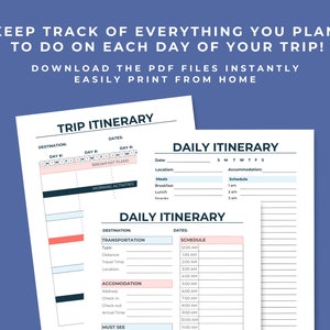 Mockup of all three printable travel itinerary pages on a blue background. Keep track of everything you plan to do on each day of your trip. Download the PDF files instantly. Easily print from home.