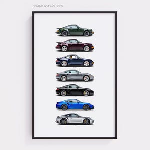 Op de afbeelding: Een ingelijste print met zes sportwagens in verschillende kleuren. De auto's zijn groen, bordeauxrood, blauw, zilver, zwart en blauw. De print zit in een zwart frame en heeft bovenaan de tekst "*FRAME NOT INCLUDED".