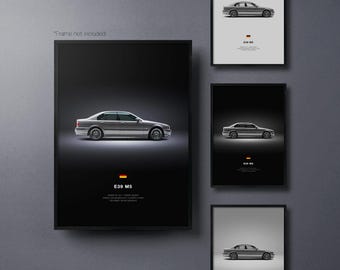 BMW E39 M5 - Auto Poster Druck | Automobiles Wandbild | Auto-Liebhaber Geschenk | Wandkunst für Kinderzimmer, Jungenzimmer, Home Office