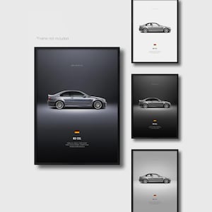 May include: A collection of four vertical posters featuring a side profile of a silver BMW M3 CSL car. Each print displays the vehicle, a small German flag icon, and the text M3 CSL. The designs vary in background color between white, gray, and black.