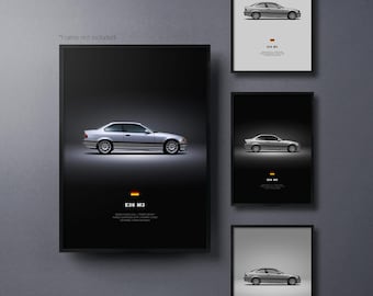 BMW E36 M3 - Auto Poster Druck | Automobiles Wandbild | Auto-Liebhaber Geschenk | Wandkunst für Kinderzimmer, Jungenzimmer, Home Office