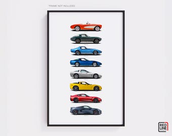 Chevrolet Corvette Generationen | Auto Poster Druck | Automobiles Wandbild | Auto-Liebhaber Geschenk | Wandkunst für Kinderzimmer, Jungenzimmer, Home Office
