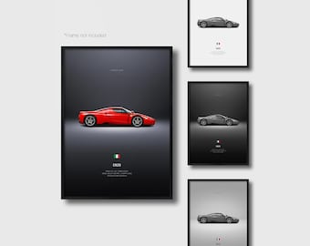 May include: A collection of four wall art prints featuring the Enzo sports car. One large print shows a red car on a dark background, while three smaller prints show grey cars on white, black, and grey backgrounds with Italian flag icons.