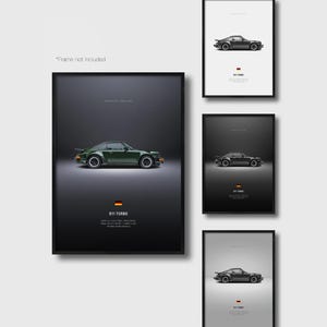 May include: A collection of four vertical posters featuring a side profile of a 911 Turbo sports car. The posters display the car in dark green, black, and grey tones against solid backgrounds, with the text 911 TURBO and a German flag icon.