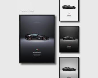 May include: A collection of four vertical wall art prints featuring a side profile of a black sports car. Each print displays the text 812 SUPERFAST, a small Italian flag icon, and technical specifications below the car illustration.