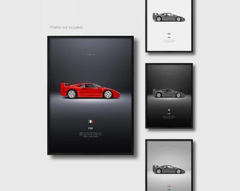 May include: A collection of four rectangular wall art prints featuring the Ferrari F40 sports car. The prints display the car in red or grayscale against solid backgrounds, accompanied by the Italian flag icon, the text F40, and technical specs.