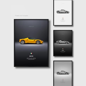 May include: A collection of four vertical wall art prints featuring the Ferrari 296 GTB. One large print displays a yellow car on a dark background, while three smaller prints show white cars on light or dark backgrounds with Italian flag icons.