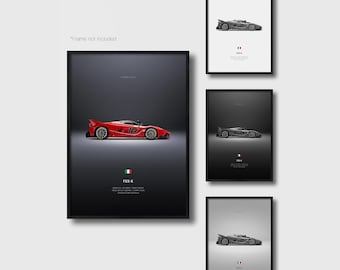 May include: A collection of four rectangular wall art prints featuring the Ferrari FXX-K sports car. One print displays a red car on a dark background, while the other three show grey-toned cars on white, black, and light grey backgrounds.