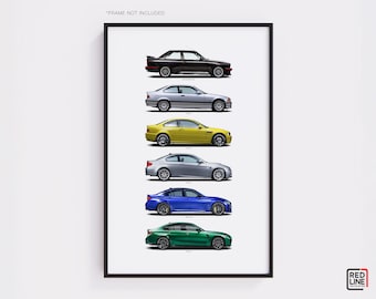 BMW M3 Generationen - Auto Poster Druck | Automobiles Wandbild | Auto-Liebhaber Geschenk | Wandkunst für Kinderzimmer, Jungenzimmer, Home Office