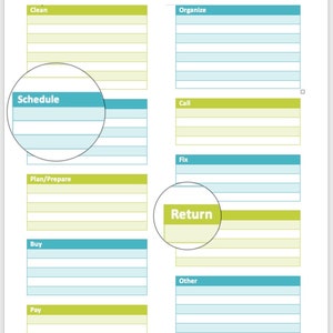 Op de afbeelding: Een to-dolijst met een groen-blauw kleurenschema. De lijst is onderverdeeld in secties met koppen zoals "Schoonmaken", "Organiseren", "Plannen", "Bellen", "Plannen/Voorbereiden", "Kopen", "Betalen", "Repareren", "Retourneren" en "Overig".