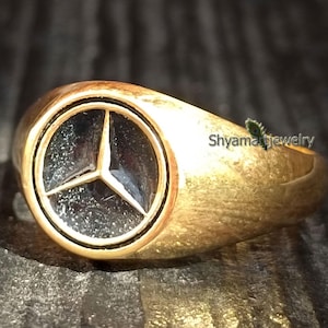 18k Yellow Gold Mercedes Benz logo Signet Ring, Solid 925 Sterling Silver, Minimalist Ring Gold, Men&#39;s Ring, Wedding Gift, Christmas Gifts