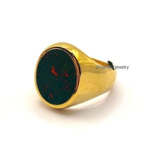 18K Gold plated Ring, Bloodstone Ring, 925 Sterling Silver Ring, Statement Ring, April March, Men&#39;s Ring, Gemstone Ring Men, Rings