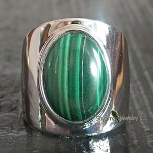 Malachite Ring: Oval Gemstone, 925 Sterling Silver Band