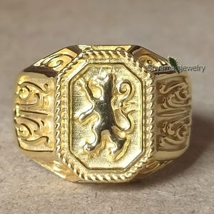 Gold Lion of Judah Ring: Sterling Silver Signet, Artisan Jewelry