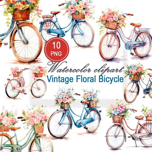10 Vintage Floral Bicycle Clipart, Shabby Chic, Printable Watercolor clipart, High Quality PNGs, Digital download, Paper craft, junk journal