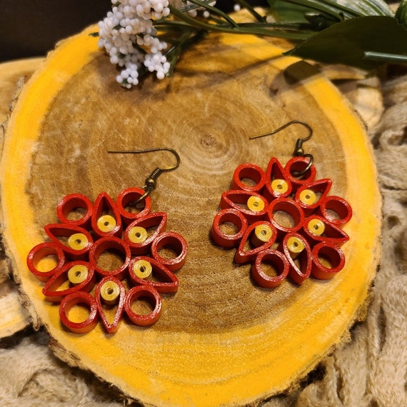 Paper Quilling Earrings In Brown Colour Red And Gold Quilling