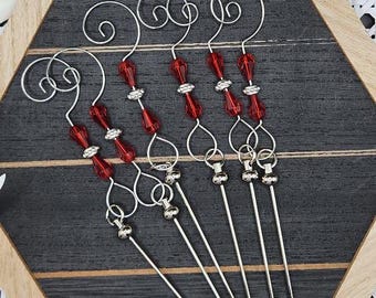 Pack of 6**, Bar Ornaments with red crystal accent hooks for beads, silver bars, silicone beads, Christmas ornaments, Beadable Ornament Bars