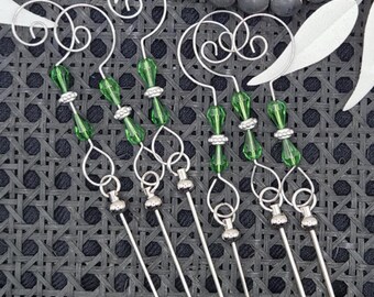 Pack of 6**, Bar Ornaments with green crystal accent hooks for beads, silver bars, silicone beads, Christmas ornaments,  Ornament Bars