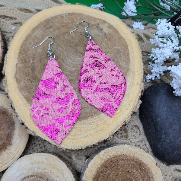 Glitter Lace Print Faux Leather Earrings, Lightweight, Unique, Lace Print Earrings, Dangle Earrings, Diva Earrings, Bold Statement Earrings