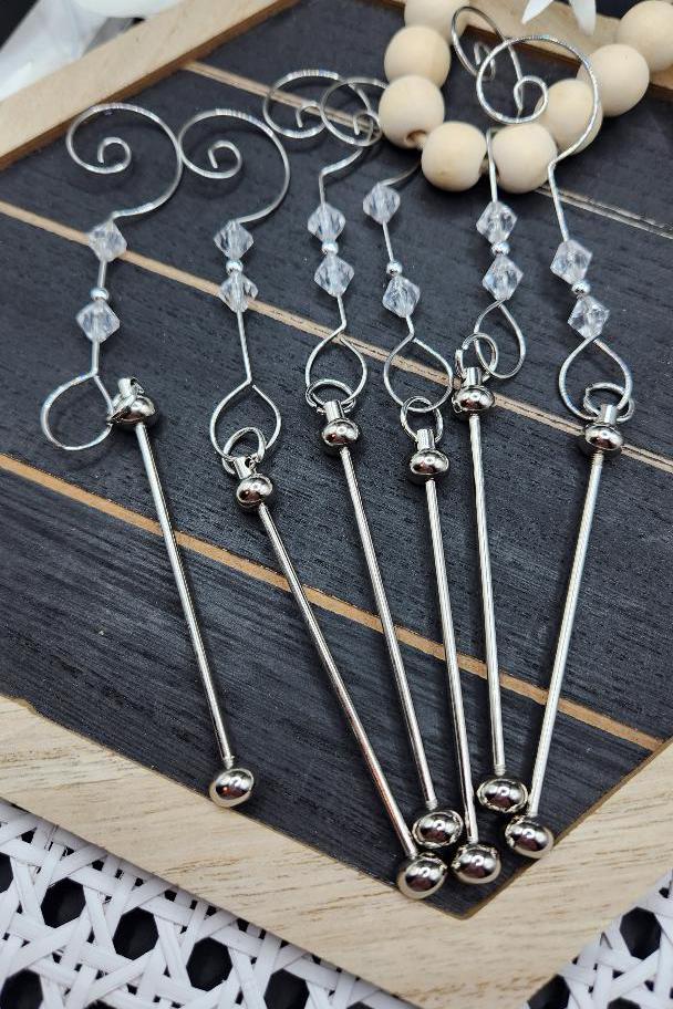 Pack of 6**, Bar Ornaments with crystal accents for beads, silver bars, silicone beads, Christmas ornaments, Beadable Ornament Bars
