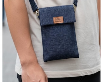 Handmade Denim Crossbody Phone Pouch for Women | Adjustable Strap Mini Sling Bag | Stylish Everyday Mobile Purse