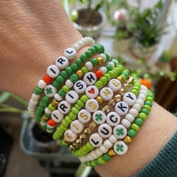 St. Patrick's Day stack bracelets, four leaf clover, shamrock, lucky, kiss me, IRL, Irish, jewelry, March 17, green, gold, orange, seed bead