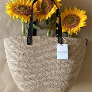 Jute Rope Tote Bag with Leather Handles – Neutral Tone Summer Shopper for Beach, Vacation, Boho Style, Eco Gift for Her, Minimalist Purse