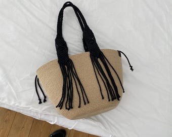 Boho Jute Basket Tote with Macrame Handle, Beach Purse, French Jute Accessory