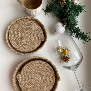 Handmade Jute Coasters Set: Rustic Farmhouse Drink Coasters with Optional Basket
