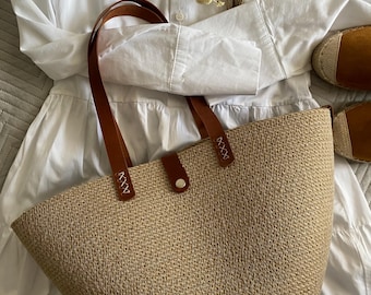 Jute Rope Beach Tote Bag: Summer Shopper with Leather Handles