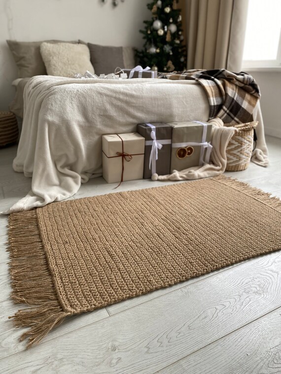 Stylish Jute Area Rug Simple Natural Textiles for Modern Interiors Crochet Rug Rustic Rope Carpet for a Warm Bedroom Etsy